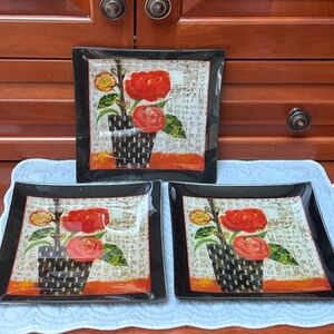 Carolyn Holman Floral Decorative Plates with Red and Black Asian Design